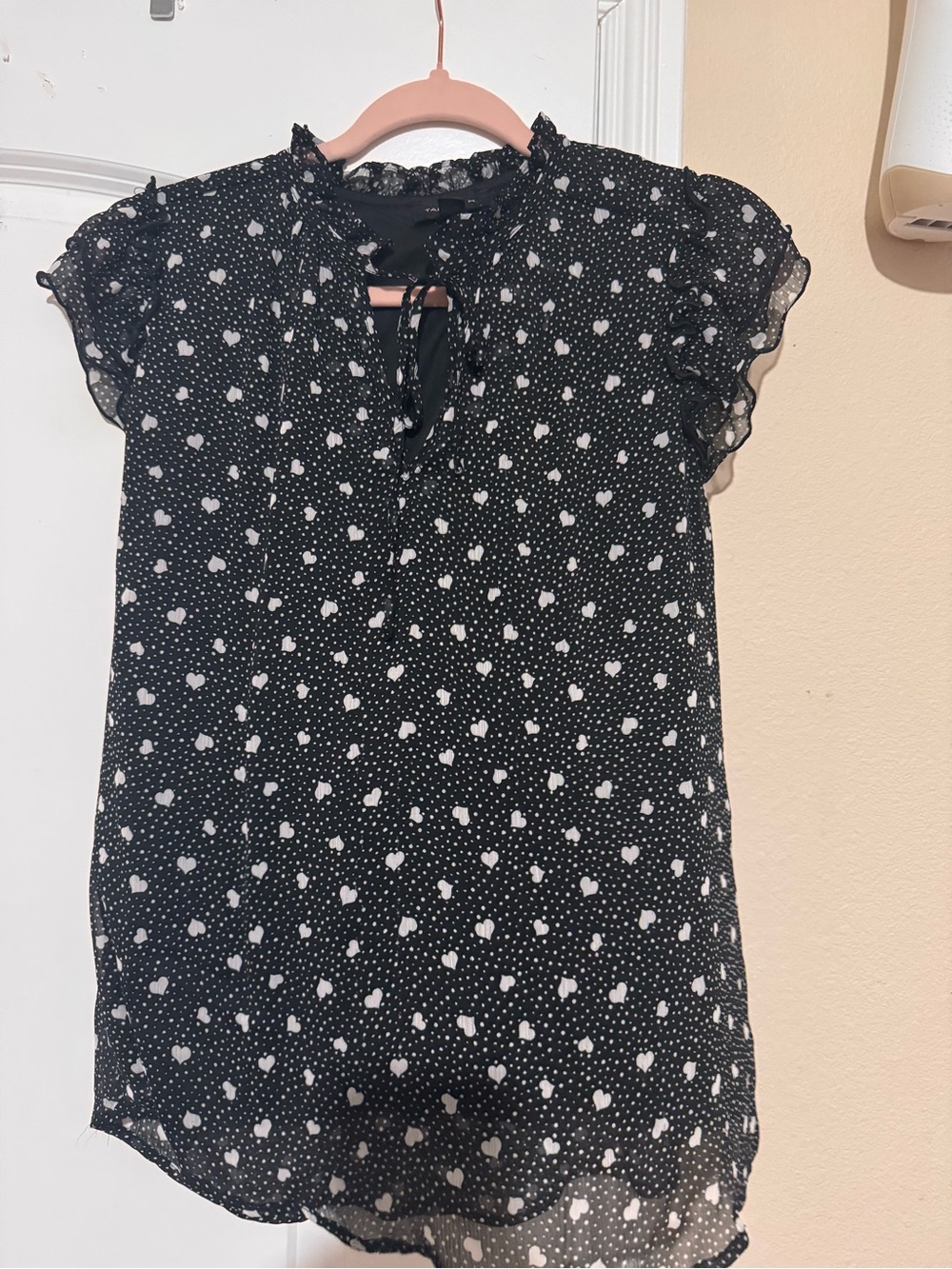 Black Heart-Print Ruffle Tie-Neck Blouse